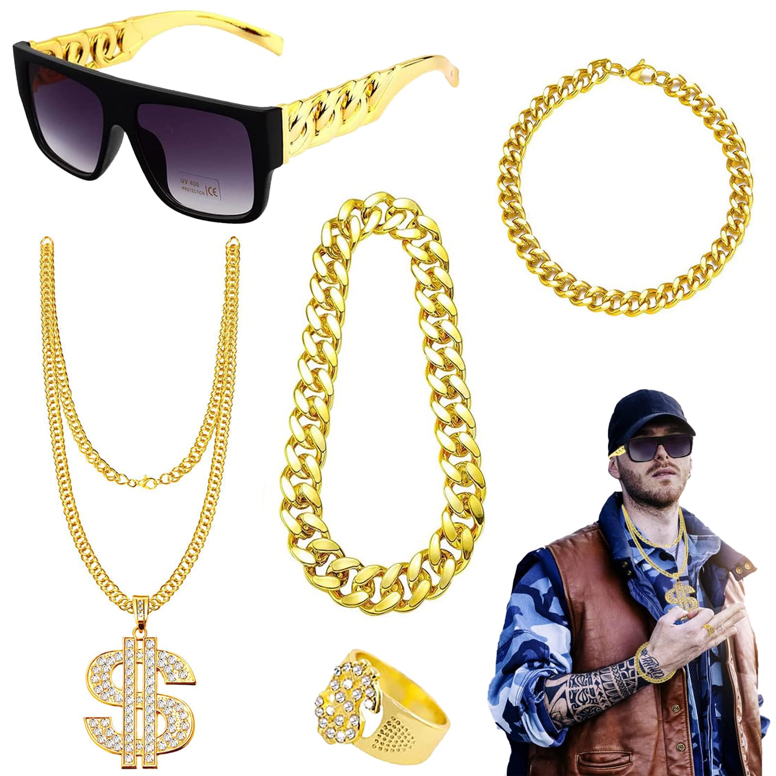 Funmo Dollar Chain Set,Hip Hop Costume Set,80s 90s Fancy Dress Hippie,Carnival Party Fake Gold Chain Bracelet,Disco Hippie Glasses For Hippie Rapper Disco Outfit,Hip Hop Ring