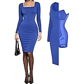 Popilush Cocktail Dress Long Sleeve Square Neck Midi Dress Shapewear Tummy Control Bodycon Dress Party Evening Built in Bra