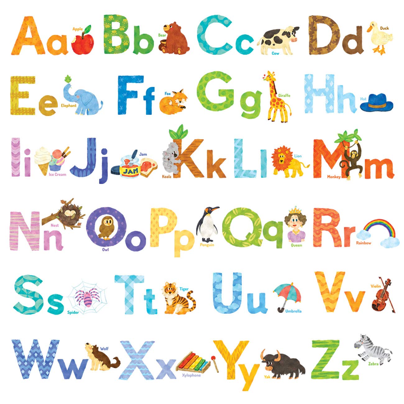 DECOWALL DS8-1608S Colorful Animal Alphabet ABC Kids Wall Stickers Peel and Stick Decals Removable Nursery Bedroom Living Room Art Murals