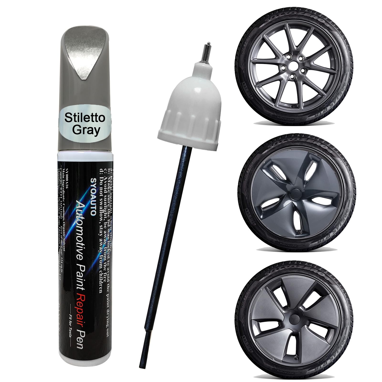 Photo 1 of SYOAUTO Stiletto Gray Rim Touch Up Paint For Tesla Model 3 18" Aero Wheel Touch Up Paint Pen Tip and Brush 2 in 1 Rim Scratch Repair Wheel Curb Rash Paint Pen(Stiletto Gray)