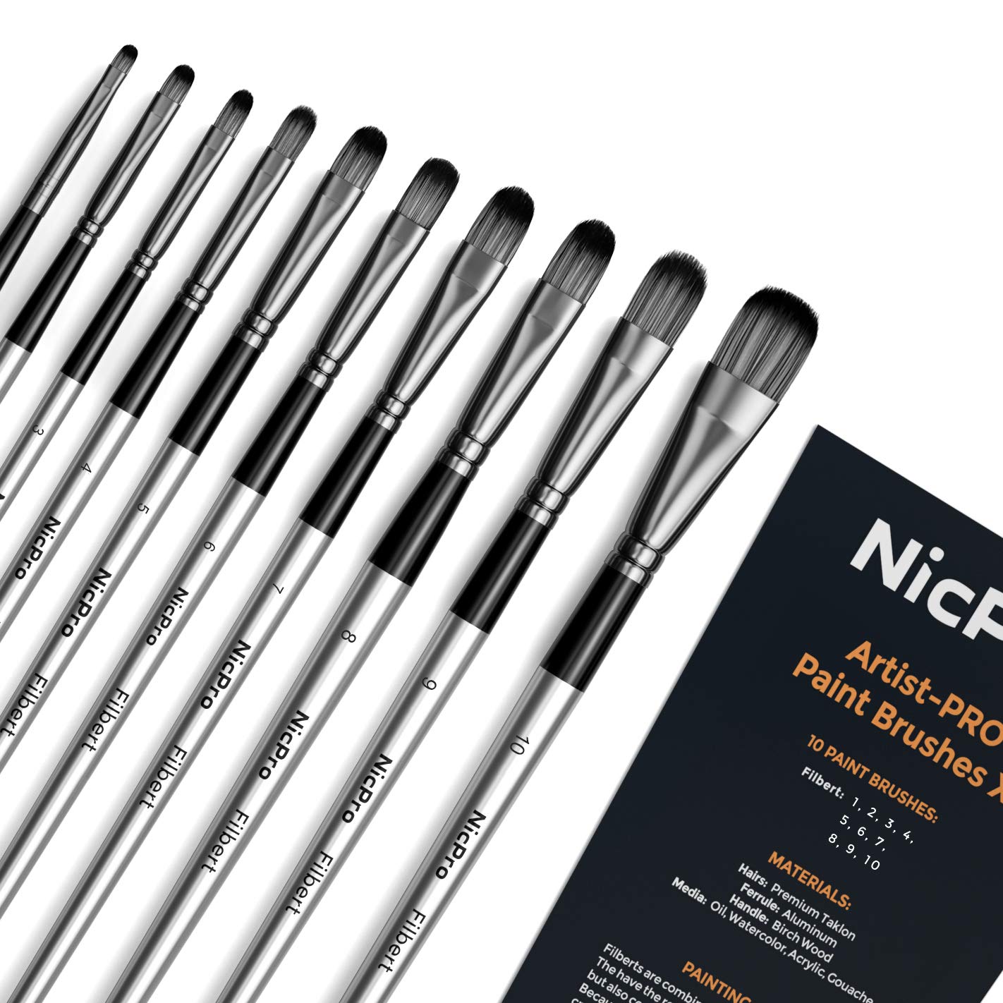 Nicpro 10 PCS Filbert Paint Brushes Art Painting Brush Set for Acrylic Watercolour Oil Gouache Canvas, Artist Kit for Kid & Adult