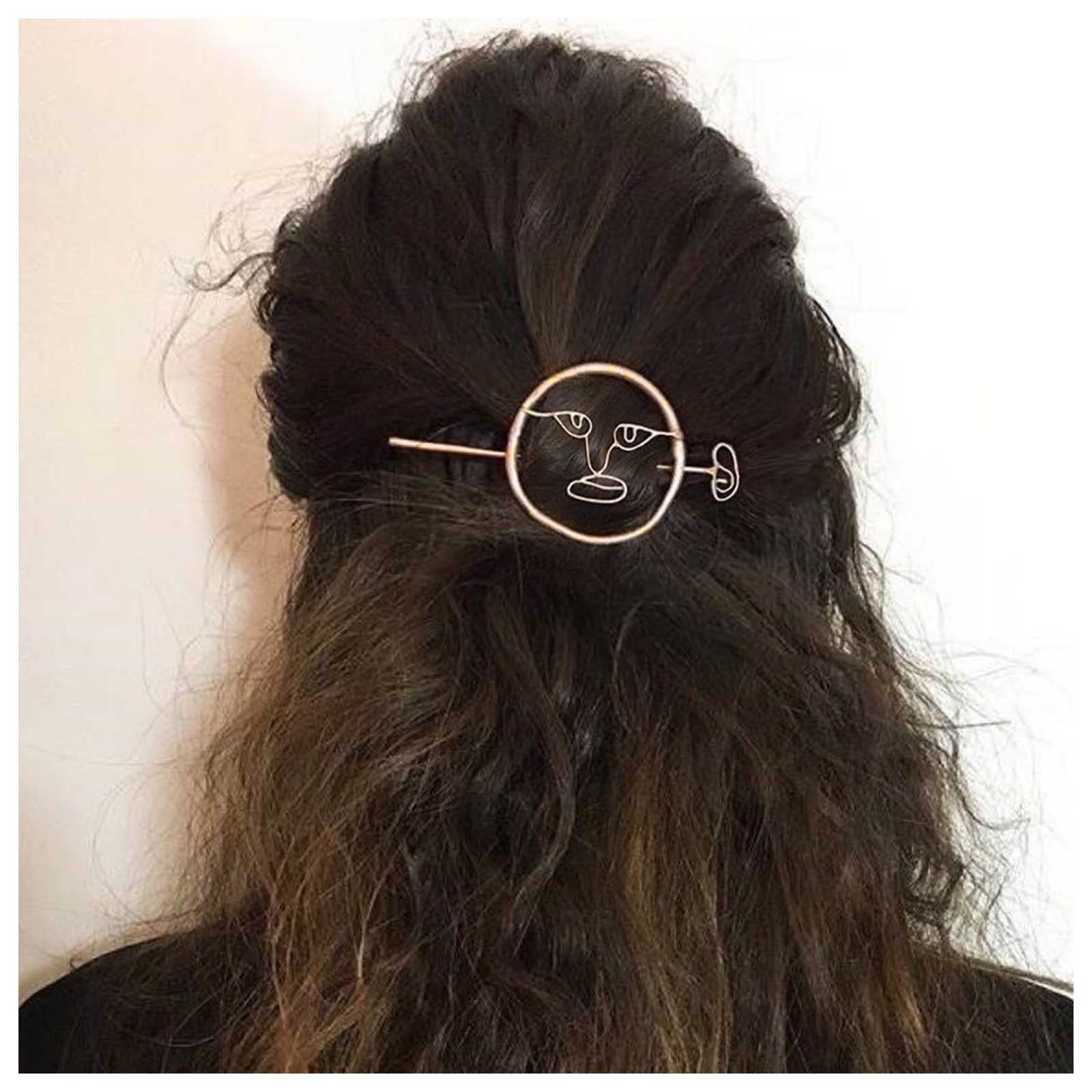 Cimenexe Bohemian Hollow Face Hair Stick Geometric Circle Hair Fork Outline Face Hair Barrette Metal Circle Hair Slide Gold Abstract Face Headwear Decorative Personalized Hair Accessories Jewelry