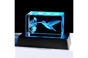 YWHL 3D Crystal Hummingbird Gifts for Women & Men, Laser Engraved Hummingbird Figurines with Light Base for Nature Lovers, Pe