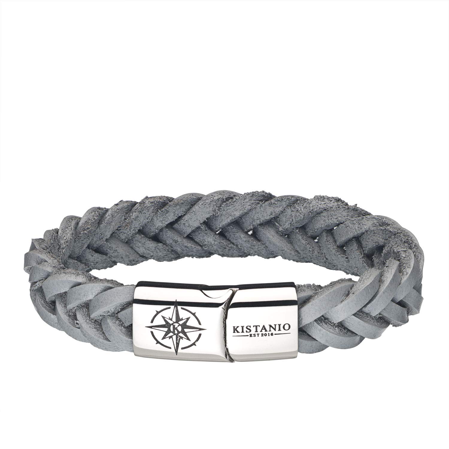 Kistanio Men's Bracelet in 4 Sizes and Colours - Braided Leather Bracelet with Compass Engraving and Magnetic Clasp Made of Stainless Steel - 19 cm - 22 cm - Black or Grey, 19 centimeters, Leather