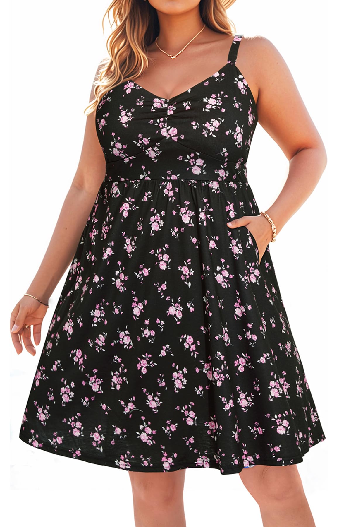 Photo 1 of Plus Size Sundress Summer Casual Balck Floral Pink Short Beach Boho Spaghetti Strap Sleeveless A Line Dress with Pockets