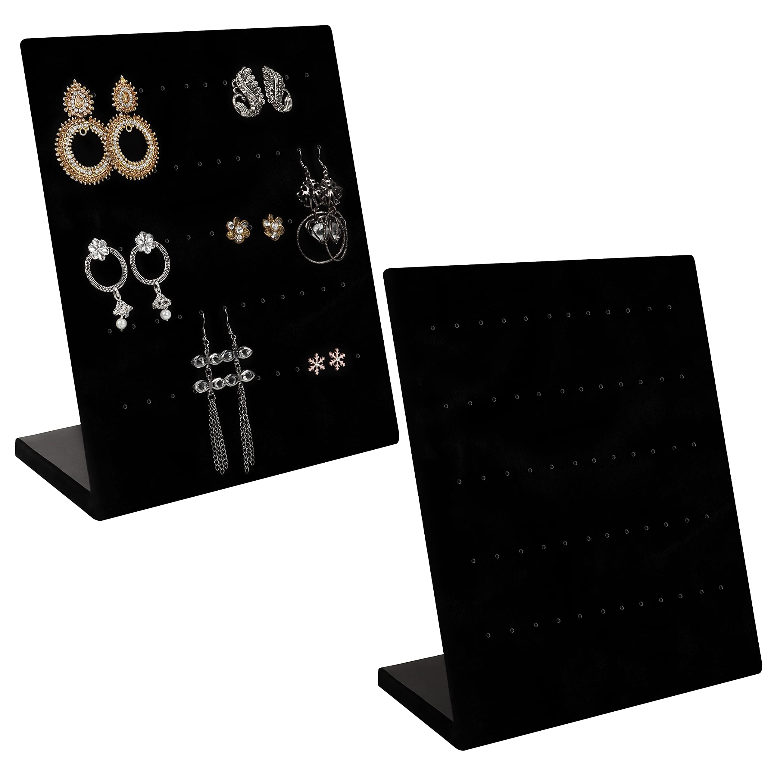 Belle Vous Black Velvet Earring Jewellery Organiser and Display Holder (2 Pack) - L Shaped Jewelry Rack Stand with 60 Holes for 30 Pairs of Earrings - Showcase Studs and Dangle Earrings
