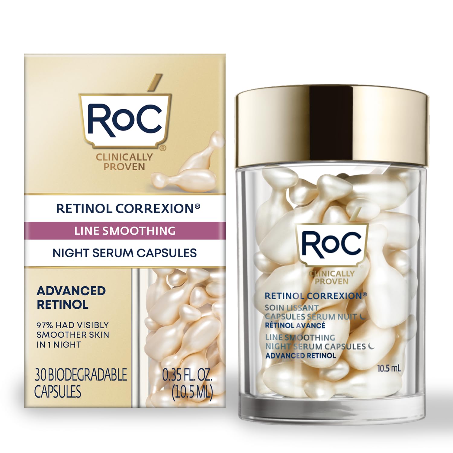 RoC - Retinol Correxion Line Smoothing Night Serum Capsules - Daily Anti-Wrinkle & Anti-Aging Treatment - Visibly Reduces Fine Lines & Wrinkles - Overnight Skincare - 30 Capsules