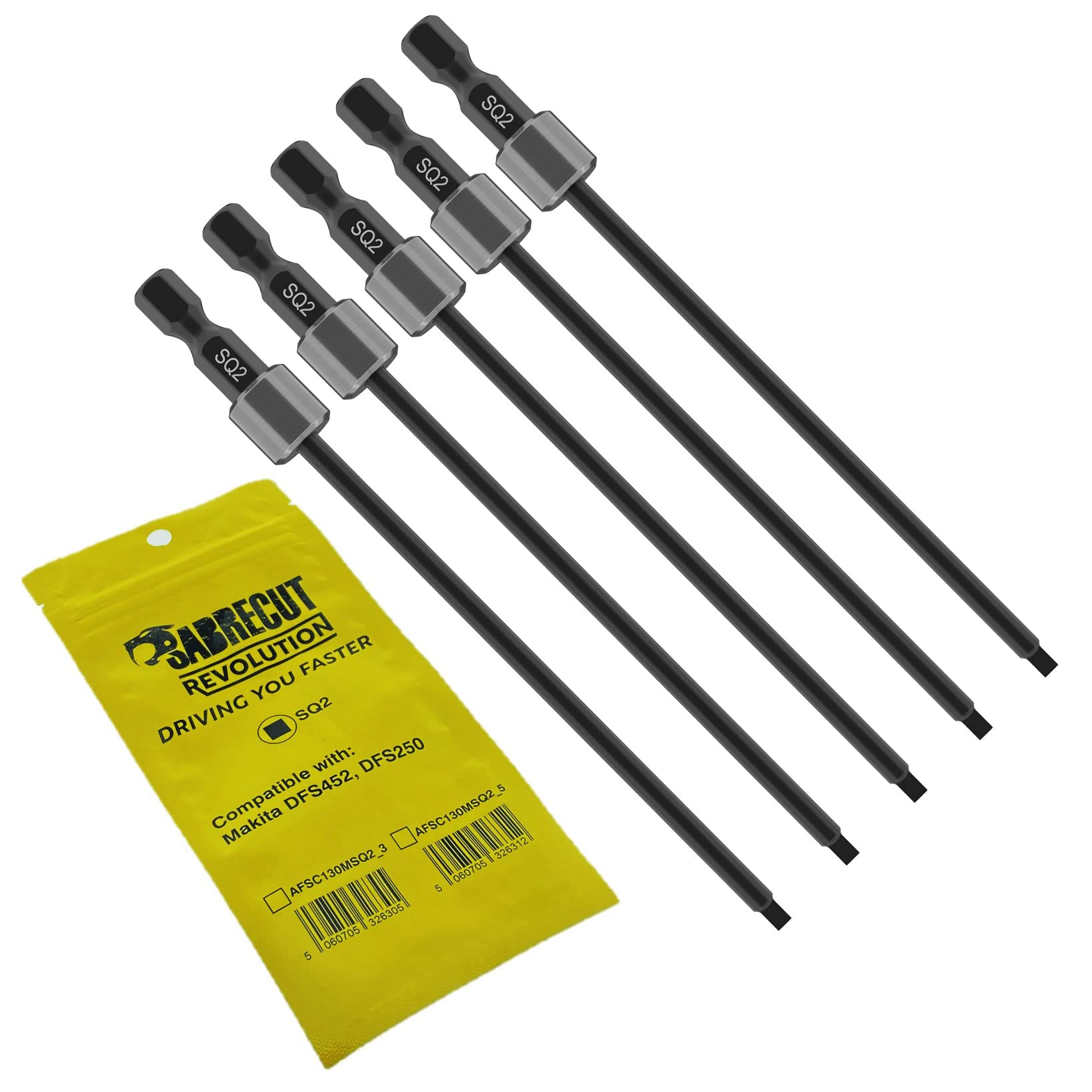 5 x SabreCut AFSC130MSQ2_5 130mm SQ2 Compatible with Makita DFS250 DFS452 199155-7 Autofeed Collated Drywall Screwdriver Gun Bit Single Ended Square Heavy Duty