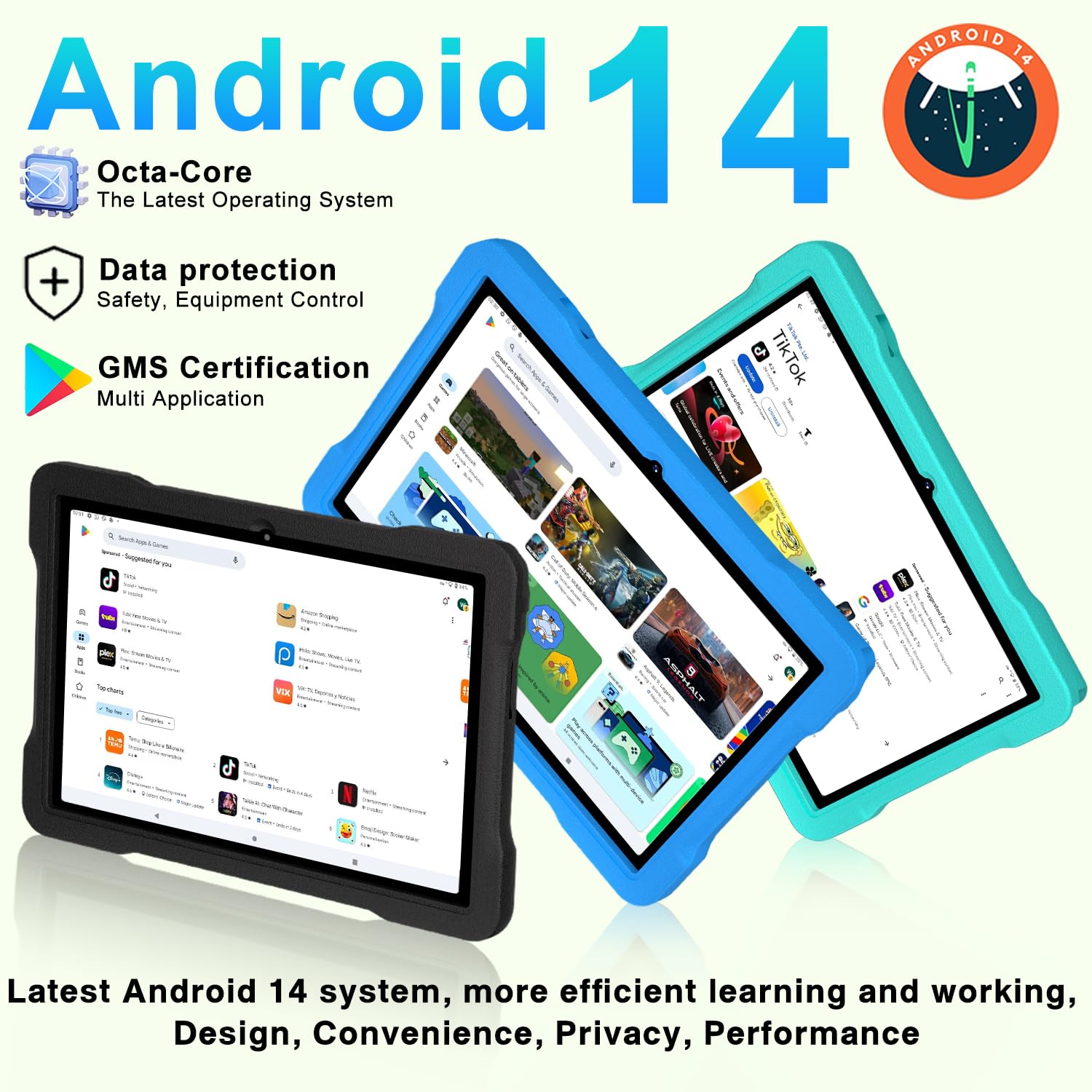 Kids Tablet Android 14, 10.1 inch Tablet for Kids, 20GB+128GB/1TB Expandable, Android Tablets with WiFi 6, Octa-Core, Parental Control, BT5.0, 360° EVA Case - Green