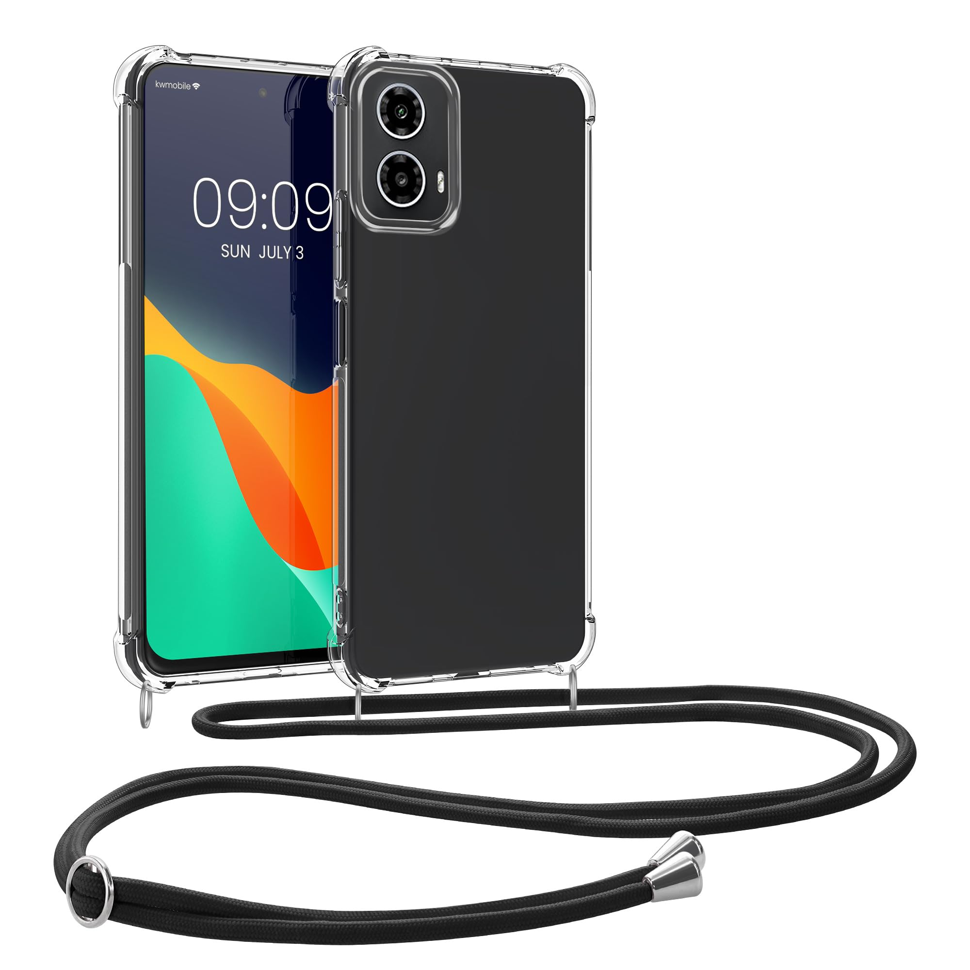 kwmobile Crossbody Case Compatible with Motorola Moto G34 5G Case - Clear TPU Phone Cover w/Lanyard Cord Strap - Black/Transparent