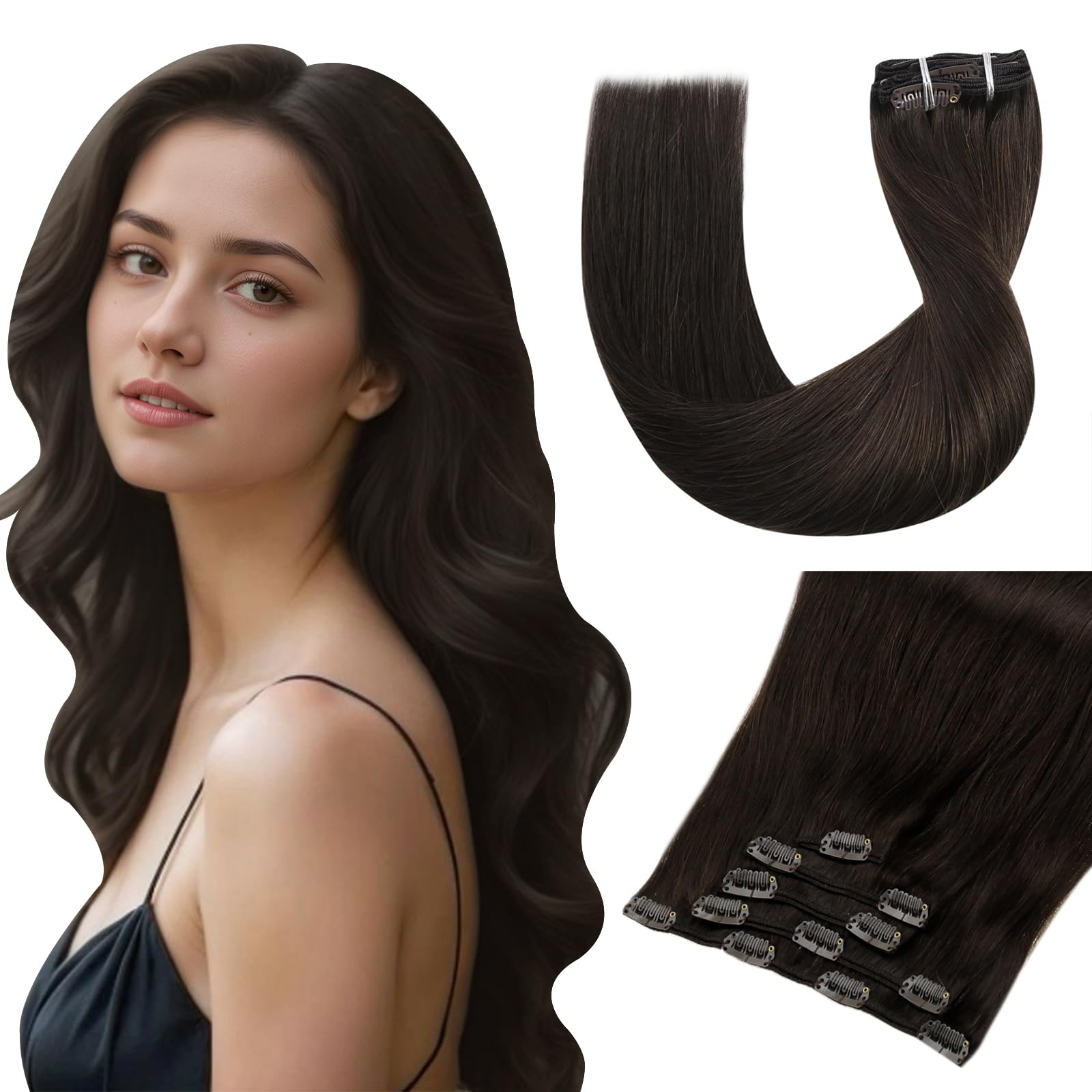 Vivien Invisible Hair Extensions Clip ins Brown 10 Inch Double Weft Clip in Extensions Real Human Hair Dark Brown Short 5Pcs 80g #2