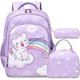 Kimwadalh Girls Backpack with Lunch Box Pencil Case for Elementary School, 3 in 1 Schoolbag with Chest Strap for School Girls