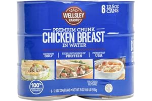 Wellsley Farms Premium Chunk Chicken Breast in Water - Fully Cooked Boneless Skinless Breast - For Prepared Meals, Salads, Sandwiches & More - Canned Chicken Breast - 12.5 oz Cans (Pack of 6)