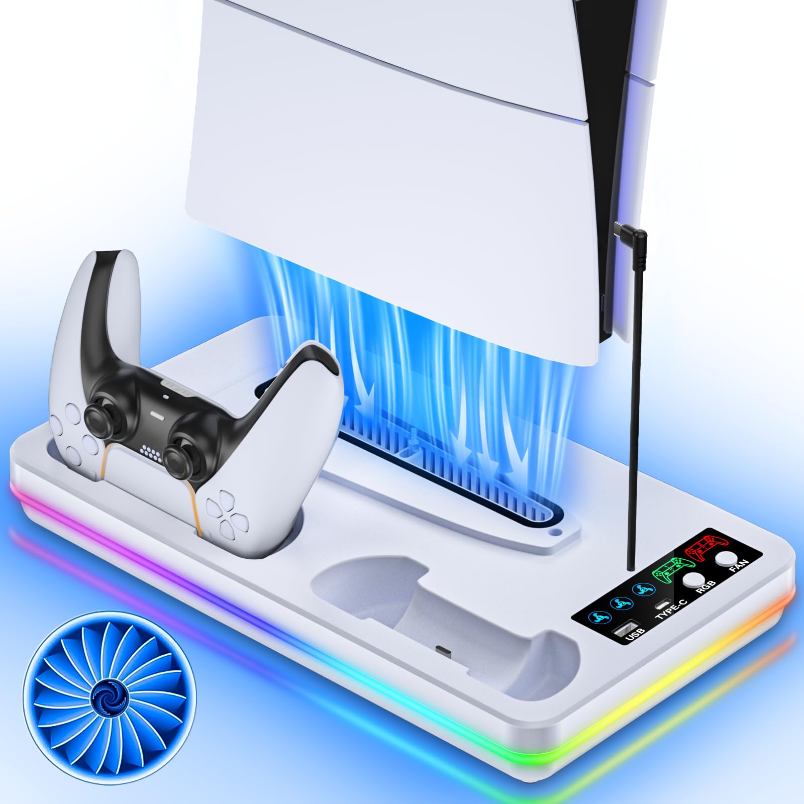 Photo 1 of PS5/PS5 Slim/PS5 Pro Stand and Cooling Station with Controller Charging Station for PlayStation 5 Slim&Standard Disc/Digital Console, 10 RGB Light PS5 Cooler Accessories Incl 3 Levels Cooling Fan