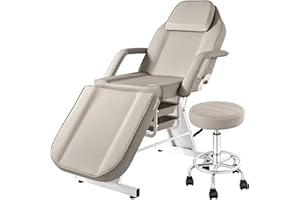 KIIUMI Tattoo Bed Chair for Client, Facial Lash Bed for Esthetician Chair with Swivel Stool, Adjustable Salon Spa Beauty Equipment w/Removable Armrests & Headrest, 2-Tray, Grey