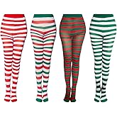 baotongle 4 Pairs Christmas Striped Tights for Women Red White Green Striped Stockings Elf Tights Halloween Cosplay Elf Costume for 85-155Ibs