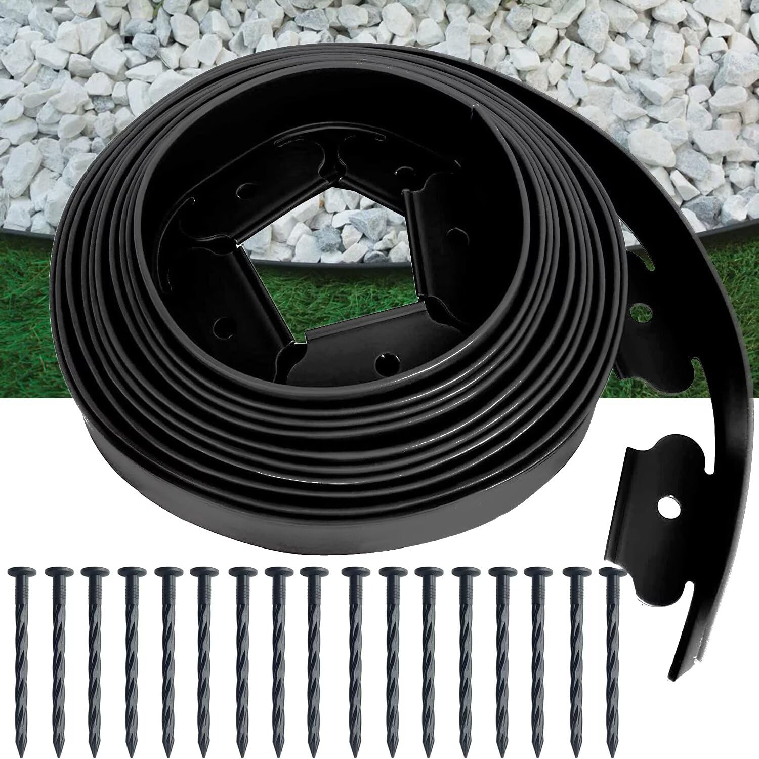 Aoipend Landscape Edging Kit 12m Garden Edging Border Include 36 Anchoring Spikes, Black Plastic Edging Roll for Landscaping, Lawn Paver, Yard Flower Bed Edging