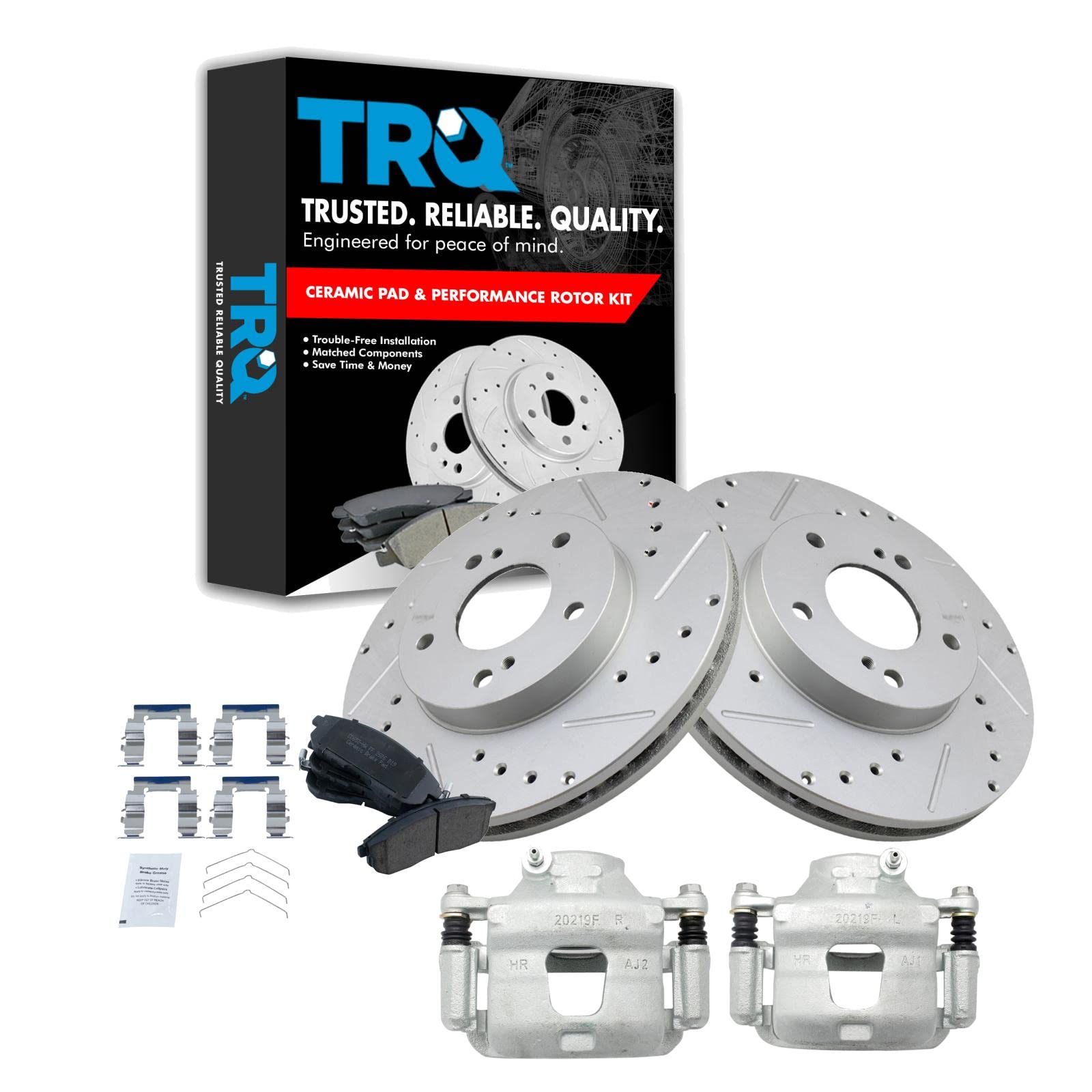 TRQ Front Brake Pad and Rotor Set Ceramic Vented Coated Rotors Calipers Compatible with 1999 Nissan Maxima Image
