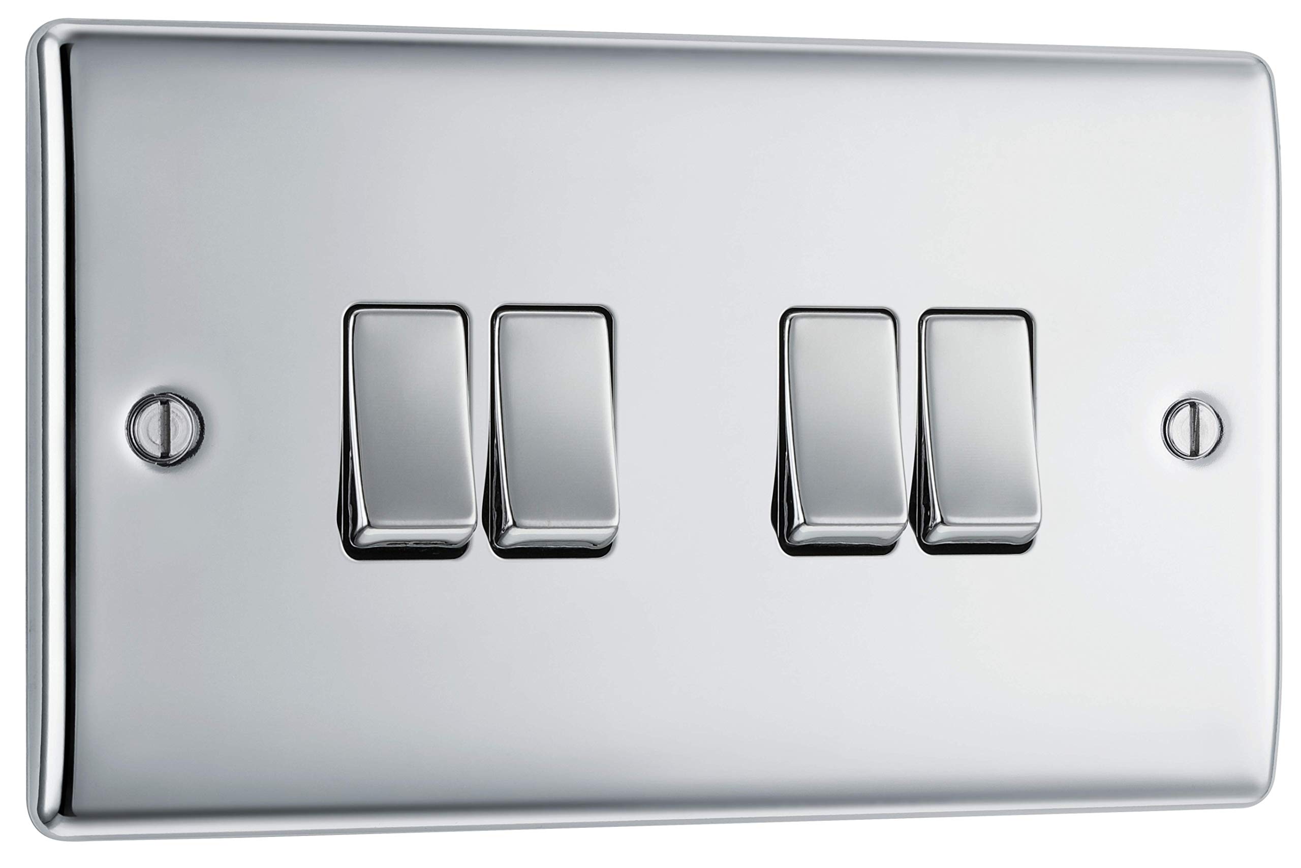 BG Electrical Quadruple Wall Light Switch, 2 Way, Raised and Slim Profile, Round Edges, Nexus Metal, Polished Chrome, 20A, 16AX, NPC44
