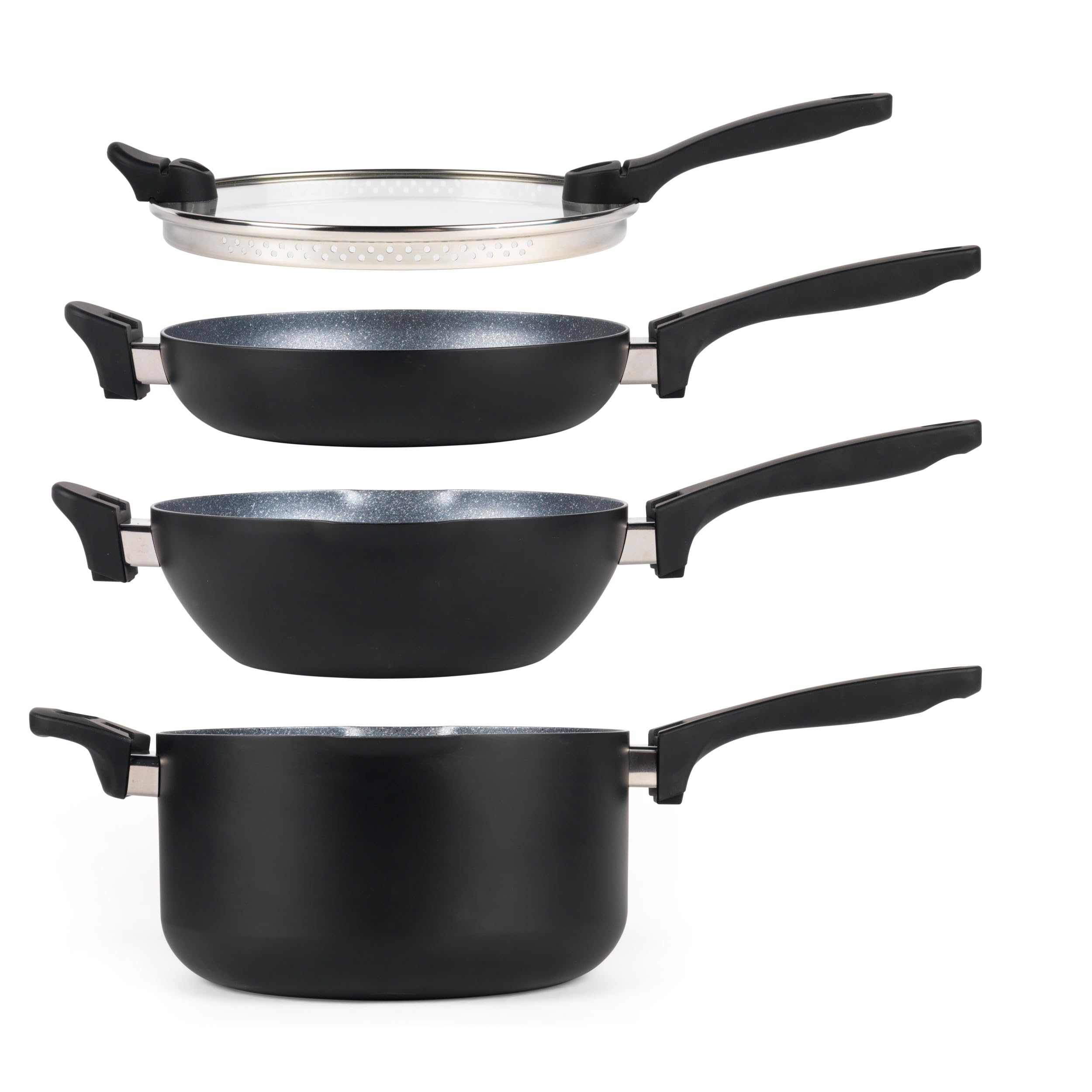 Russell Hobbs RH01840 4 Piece Pan Set – 24 cm Stackable Space Saving Induction Cookware, Non-Stick Saucepan, Wok & Frying Pan, Universal Lid With Strainer, PFOA-Free, Easy Clean Cooking Pots and Pans