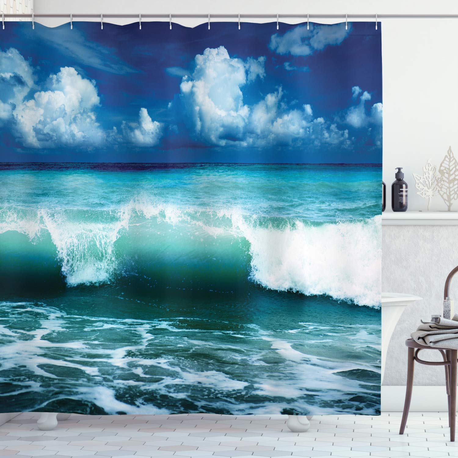 ABAKUHAUS Ocean Shower Curtain, Caribbean Island Coast Seascape Waves Water Splash Surfing Sports Theme, Cloth Fabric Bathroom Decor Set with Hooks, 94 Inches, Aqua Navy Blue White