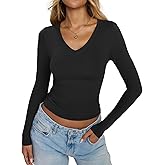 EasyGala Womens Double Lined V Neck Long Sleeve Shirts Slim Fit Layering Tee Going Out Tops Trendy Fall Clothes 2025
