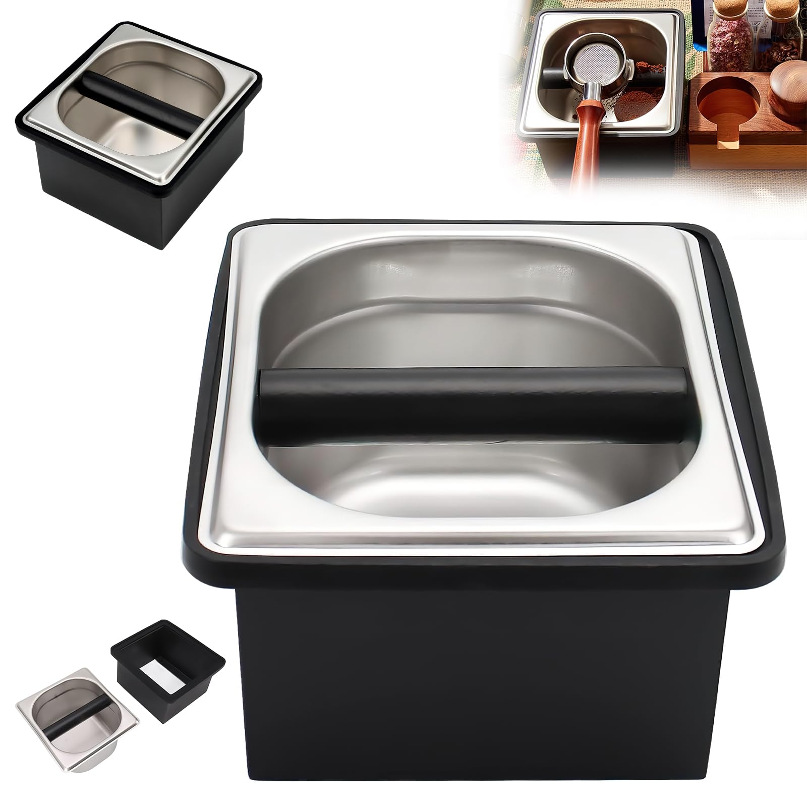 Coffee Knock Box, Stainless Steel Coffee Knock Box Anti-Slip, Espresso Coffee Bin Grind Waste Bin with Noise Reduction Rubber Ring, Silicone Bar for Knocking Coffee Filter Grinds