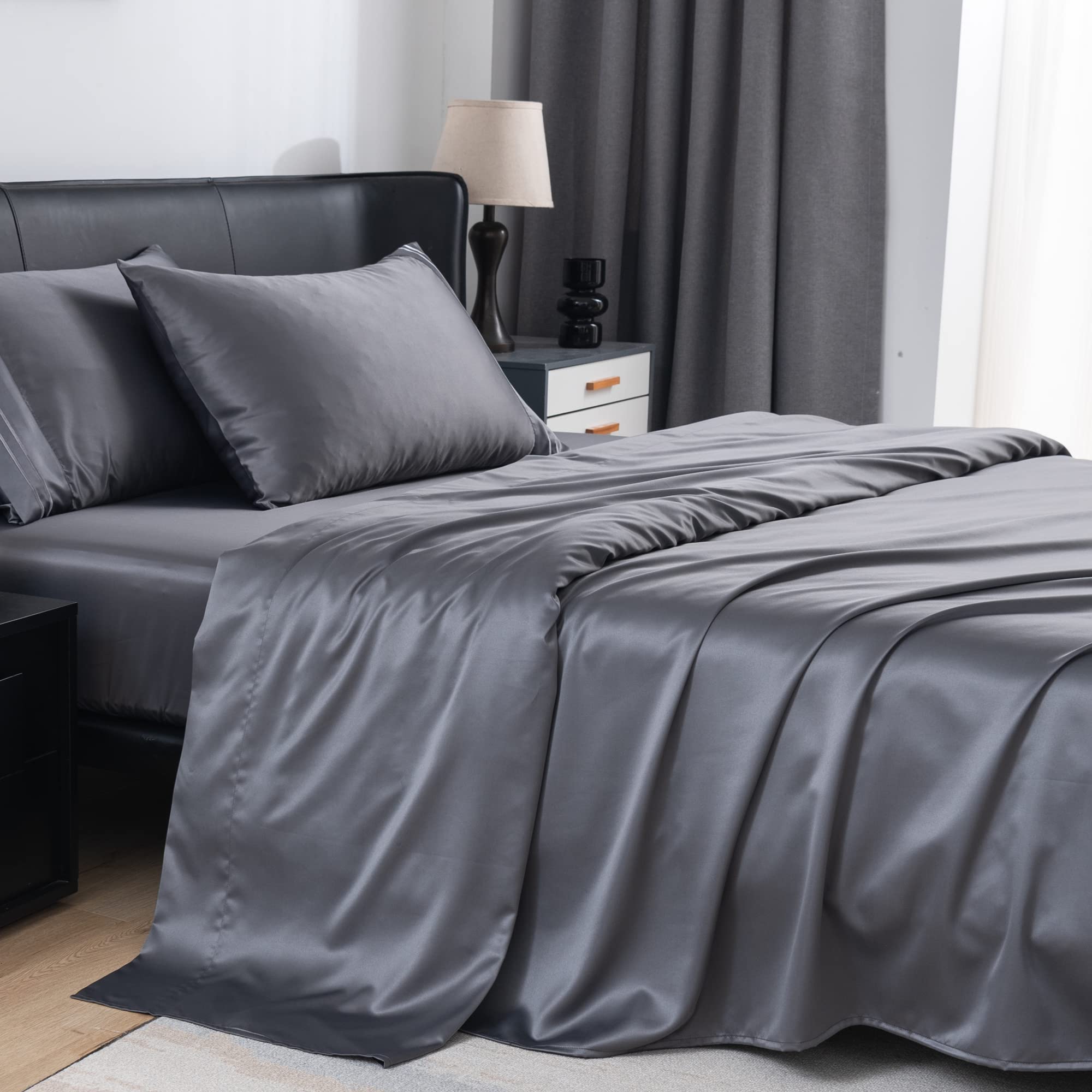 Photo 1 of MISERRO Twin Satin Bed Sheets Set - 3pc Cooling Sheets for Twin Size Bed - 16" Deep Pocket (Dark Grey)