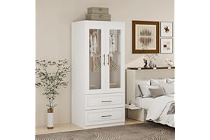 WonderWard Wardrobe Closet, Bedroom Armoires with Hanging Rod, Armoire Wardrobe Closet with 2 Glass Doors, Wood Closet Cabinet with 2 Drawers, Wardrobe Cabinet, Armoire Closet(32" W x 22" D x 71" H)
