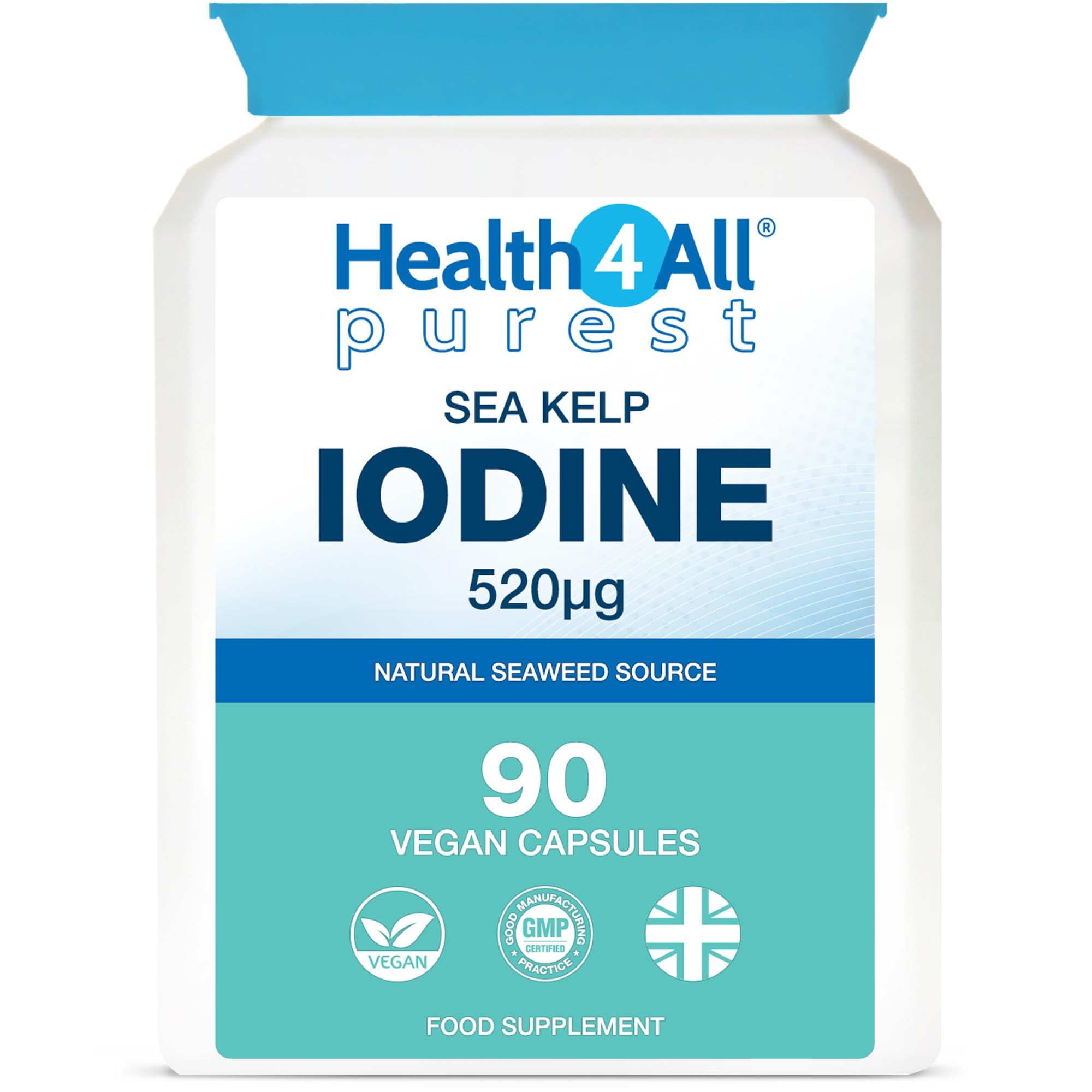 Health4All Sea Kelp Iodine 90 Capsules, High Strength 520mcg Iodine, Purest Natural Sea Kelp Supplement Capsules (not Tablets) | Made in UK