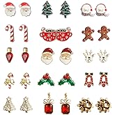 Christmas Stud Earrings for Women Chirstmas Tree Snowflake Bow Gift Box Santa Claus Gingerbread Earrings Set Xmas Holiday Gifts (C-15Pairs)
