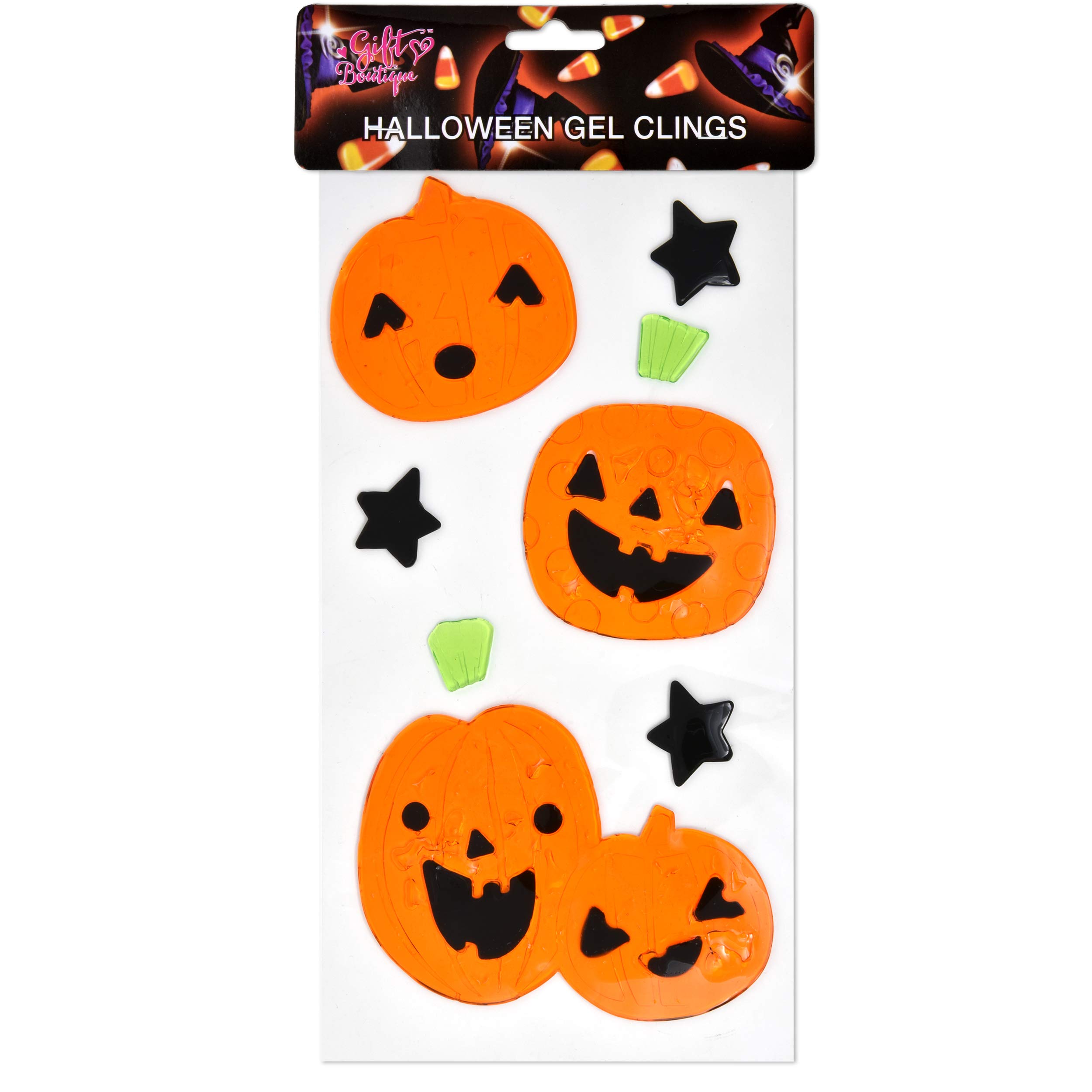 6 Halloween Window Gel Clings; Pumpkins, Bats, Ghosts, Witch, Black ...