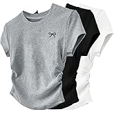 WDIRARA Women's 3 Pack Casual Ruched T Shirts Summer Crew Neck Short Sleeve Tee Tops