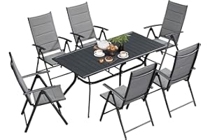 PURPLE LEAF 7 Pieces Patio Dining Set Outdoor Furniture Dinning Set for 6 with Patio Folding Chairs and Large Rectangle Dining Table Aluminum Patio Garden Set for Backyard Deck, Grey