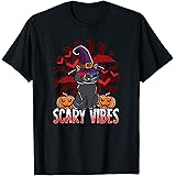 Halloween Scary Black Cat With Witch Hat Scary Vibes Spooky T-Shirt