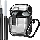 Compatible Google Pixel Bud Pro & Bud Pro 2 Case Lock Clip with Cleaner Kit, Military Shell Protective Armor Cover with Lock & Carabiner for Google Pixel Buds Pro 2022/2024, Black/White