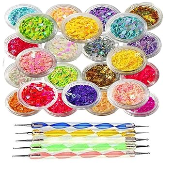 Fashion Craft Nail Art Tools 53 Pieces, 48 Bottles 3D Glitter Set and 5 Pcs Double Sided Dotting Tool Pen (Multicolour)