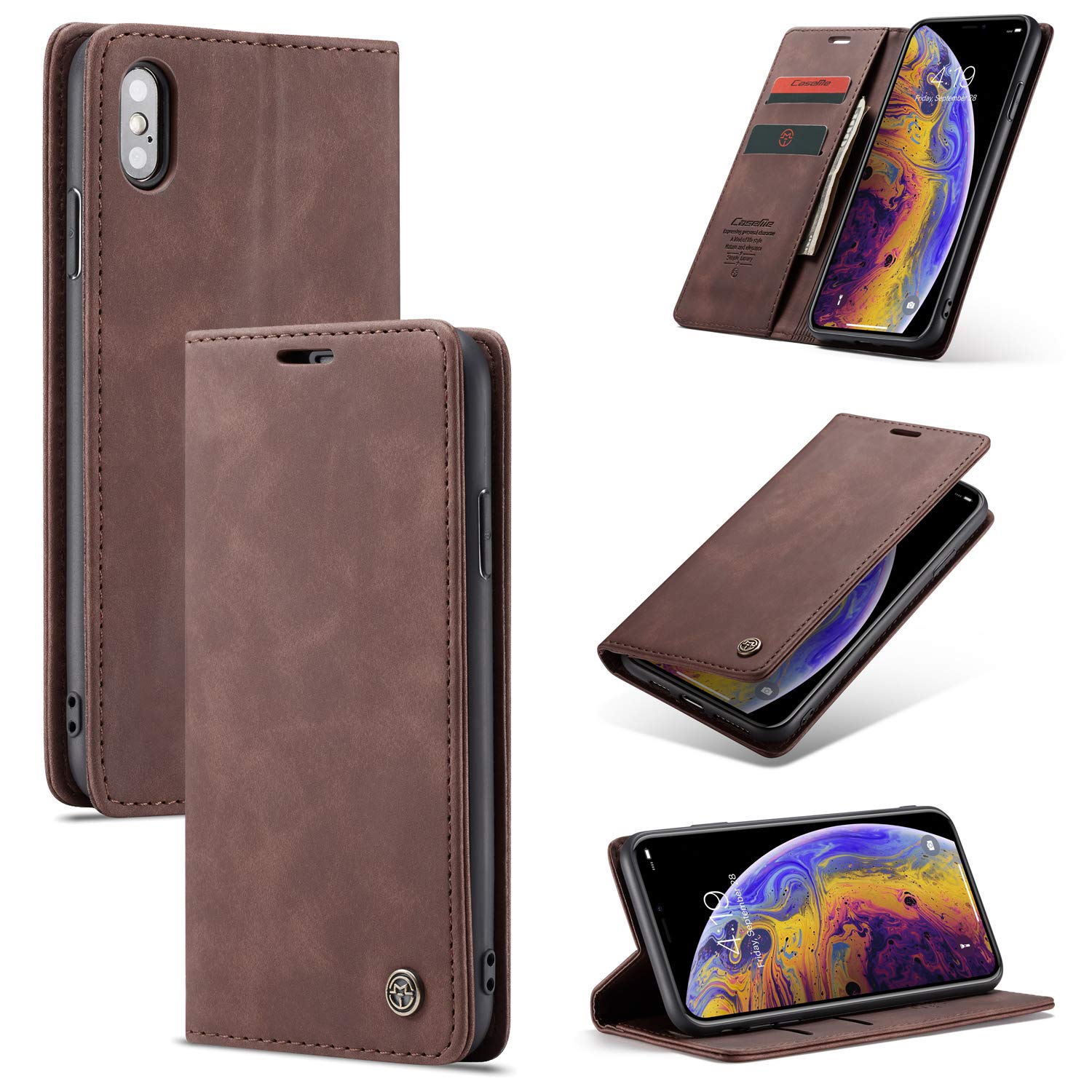 QLTYPRI Case for iPhone XS Max, Vintage PU Leather Wallet Case [Card Slot] [Kickstand] [Magnetic Closure] Shockproof Flip Cover Compatible with iPhone XS Max - Coffee Brown