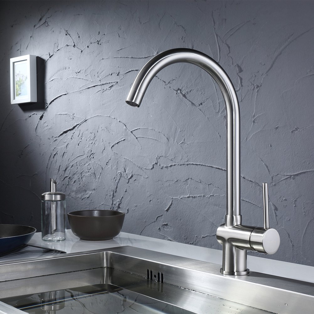 Sontiy Kitchen Faucet Lead free Brass Kitchen Faucet Single Handle Kitchen Sink Faucet 360 Degree Swivel Good Valued Modern Hot & Cold Faucet Mixer 5 YEARS WARRANTY Brushed Nickel