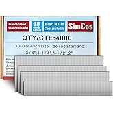 SimCos 18 Gauge Brad Nails 4 Sizes (2",1-1/2",1-1/4",3/4") Galvanized 18 GA Nail Gun Nails Assorted and Small Finishing Nails for Pneumatic, Electric Brad Nailer (Assembly 4000)