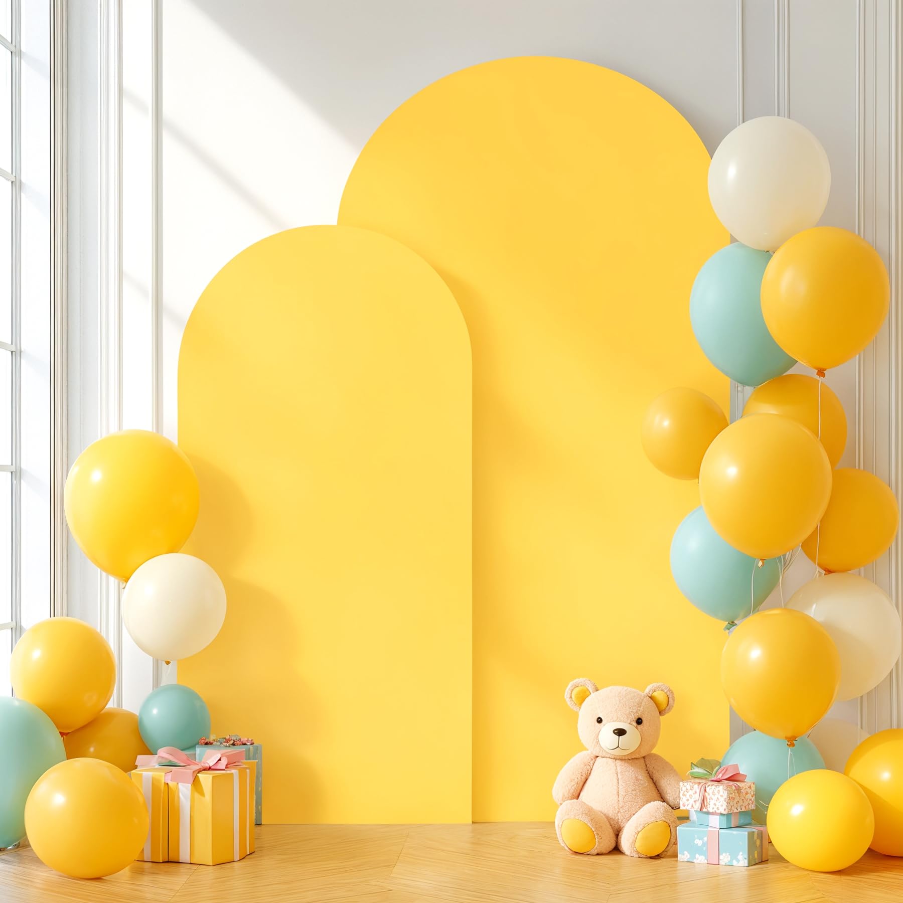 Photo 1 of Yellow Arch Backdrop Covers - 7.2FT, 6FT Spandex Fitted Wedding Arch Stand Covers Round Top Chiara Arch Backdrop Cover for Wedding Birthday Party Decoration