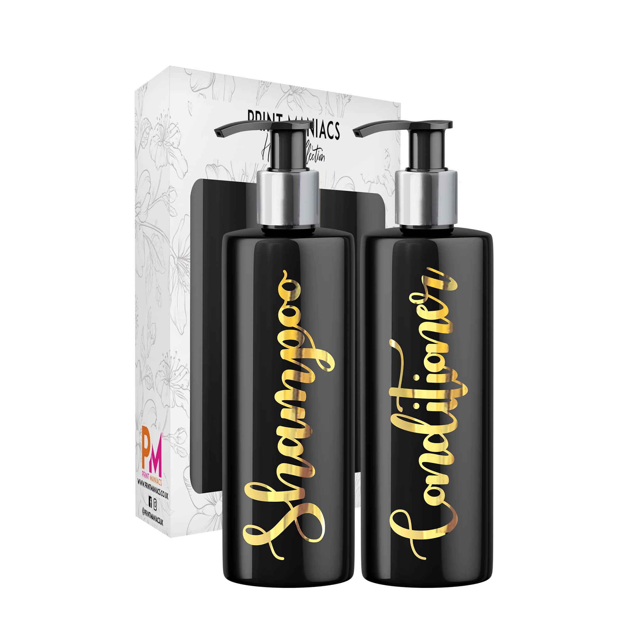 Print Maniacs 2 Set Mrs Hinch Inspired Black Personalised Dispenser Pump Bottles Shampoo Conditioner (Gold)