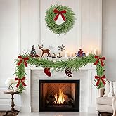 GOVIRAYE 6FT Norfolk Pine Christmas Garland, Real Touch Artificial Garland with Bows & Pinecones, Winter Faux Greenery for Mantel, Fireplace, Table, Stairs, Wall, Indoor Outdoor Christmas Decor