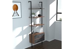 kevinplus Modern Mid-Century Ladder Shelf with Drawers, Wall Mounted Ladder Leaning Bookshelf, Industrial Metal Bookcase, 4-Tier Open Display Ladder Shelves for Living Room Office, Walnut Grey