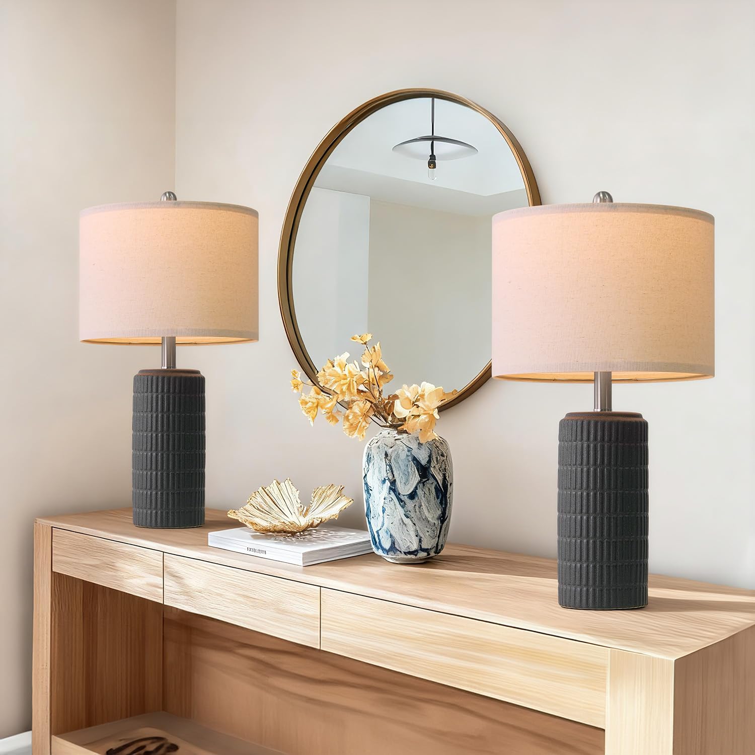 Photo 1 of PoKat 23" Matte-Textured Ceramic Table Lamps Set of 2 for Bedroom, Stone-Like Modern Bedside Lamps for Night Stands, Farmhouse Nightstand Table Lamps Decor for Living Room End Table Black