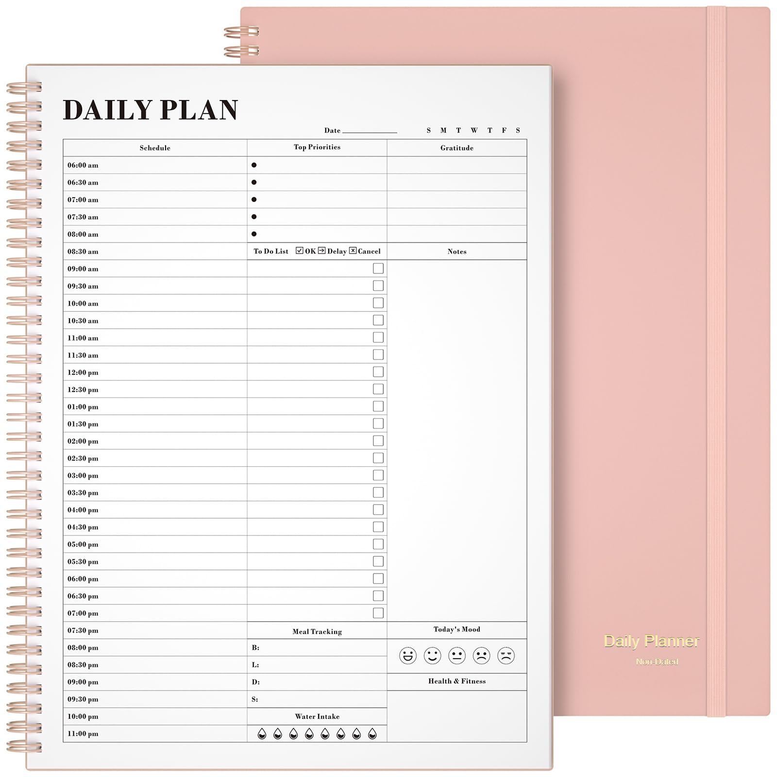Planner Asten Daily Agenda with To Do List, Hourly Spiral Appointment Book Notebook for Women and Men, with Elastic Closure, Day Planner for ADHD (8.5" x 11", Pale Pink)