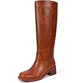 Brown Knee High Boots for Women Riding Boots Platform Square Toe Chunky Low Heel Tall Boots Leather Pull on Long Boots Wide Calf Campus Boots Tan