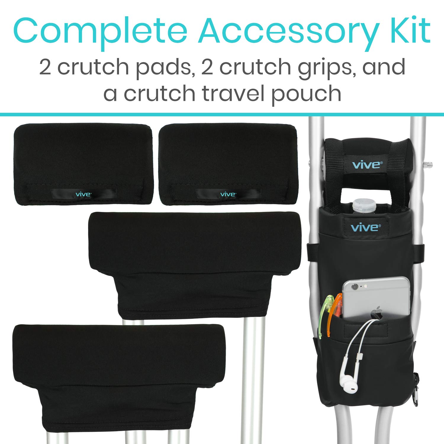 Vive Crutch Pads, Bag, & Hand Grips (5 PCS) - Crutches for Adults Armpit Padding, Hand Grips, Accessories Pouch - Soft Tips Medical Padded Handles for Kids, Men, Women - Lightweight