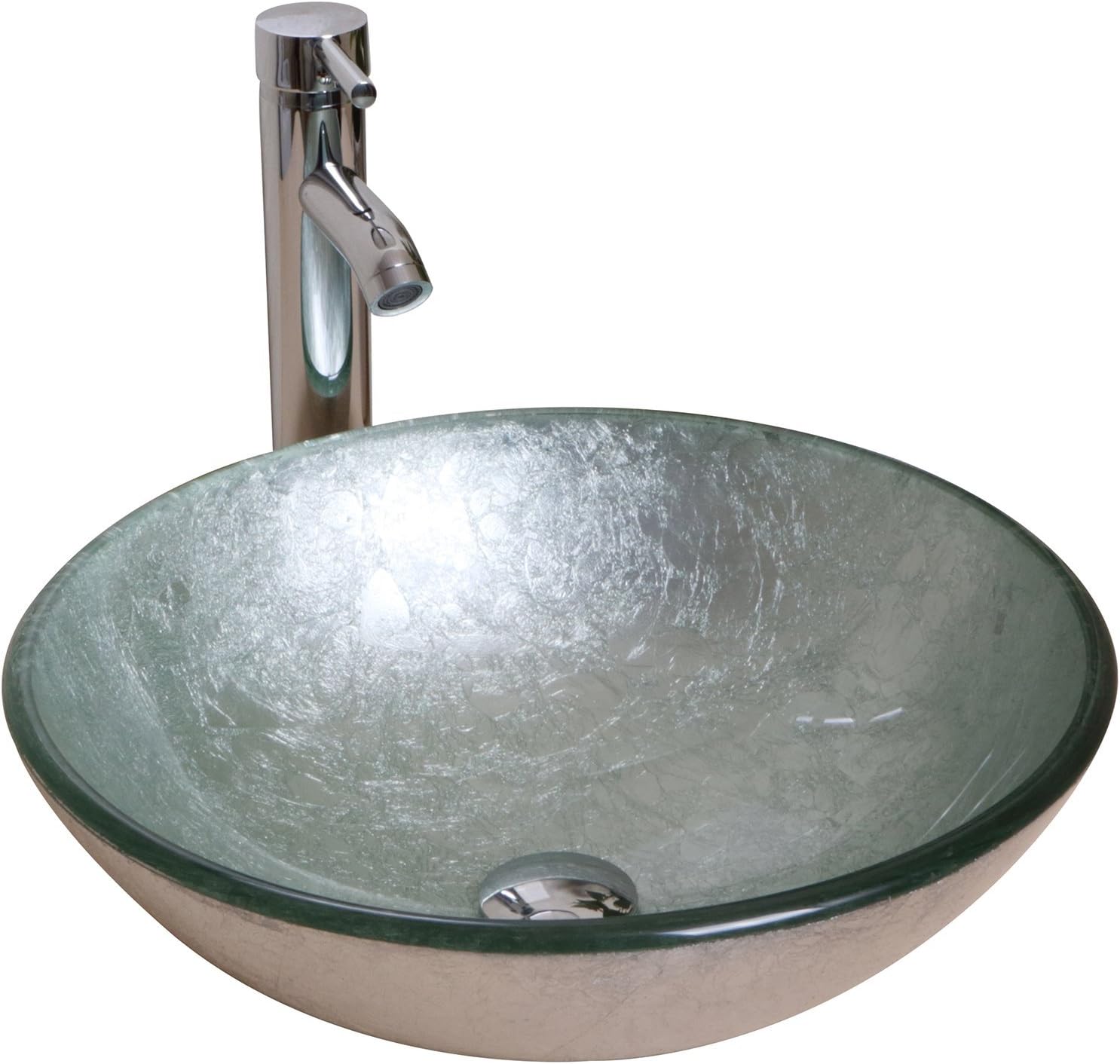 Walcut Silver Green Round Temepered Glass Sink With Chrome Faucet And Pop Up Drain Set