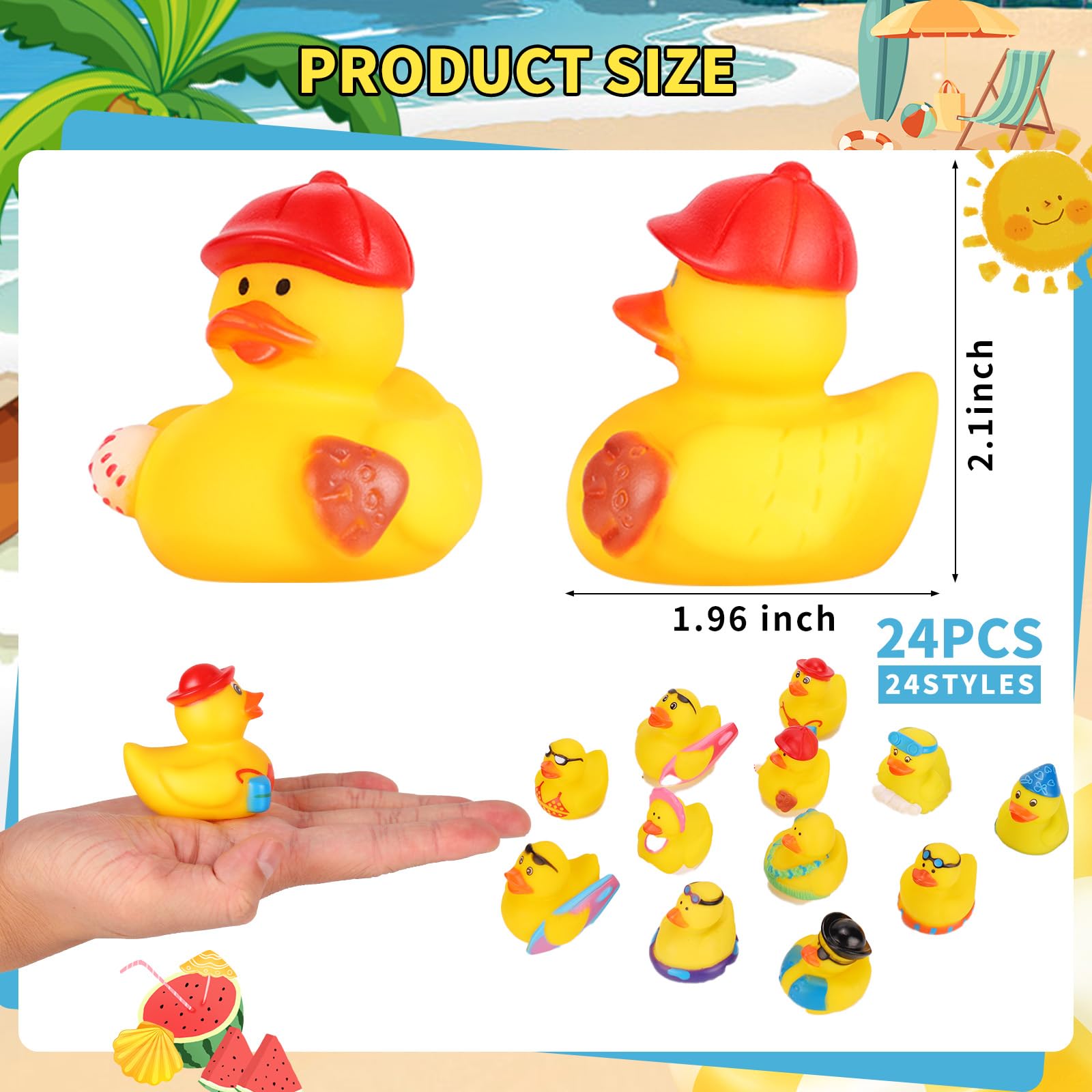Mikulala 24 Pack Summer Rubber Duck Beach Rubber Ducks in Bulk Assorted Rubber Ducks for Duckies Games, Pool Play/Baby Bath Toys Party Favors